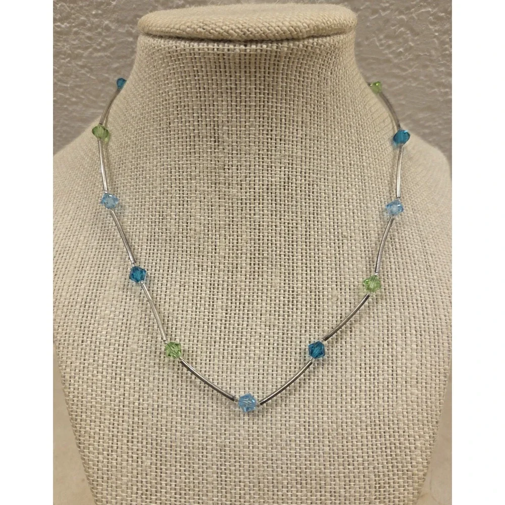 Vintage Sterling Silver, Blue & Green Rhinestone Rod Strand Necklace 16.5 Inches